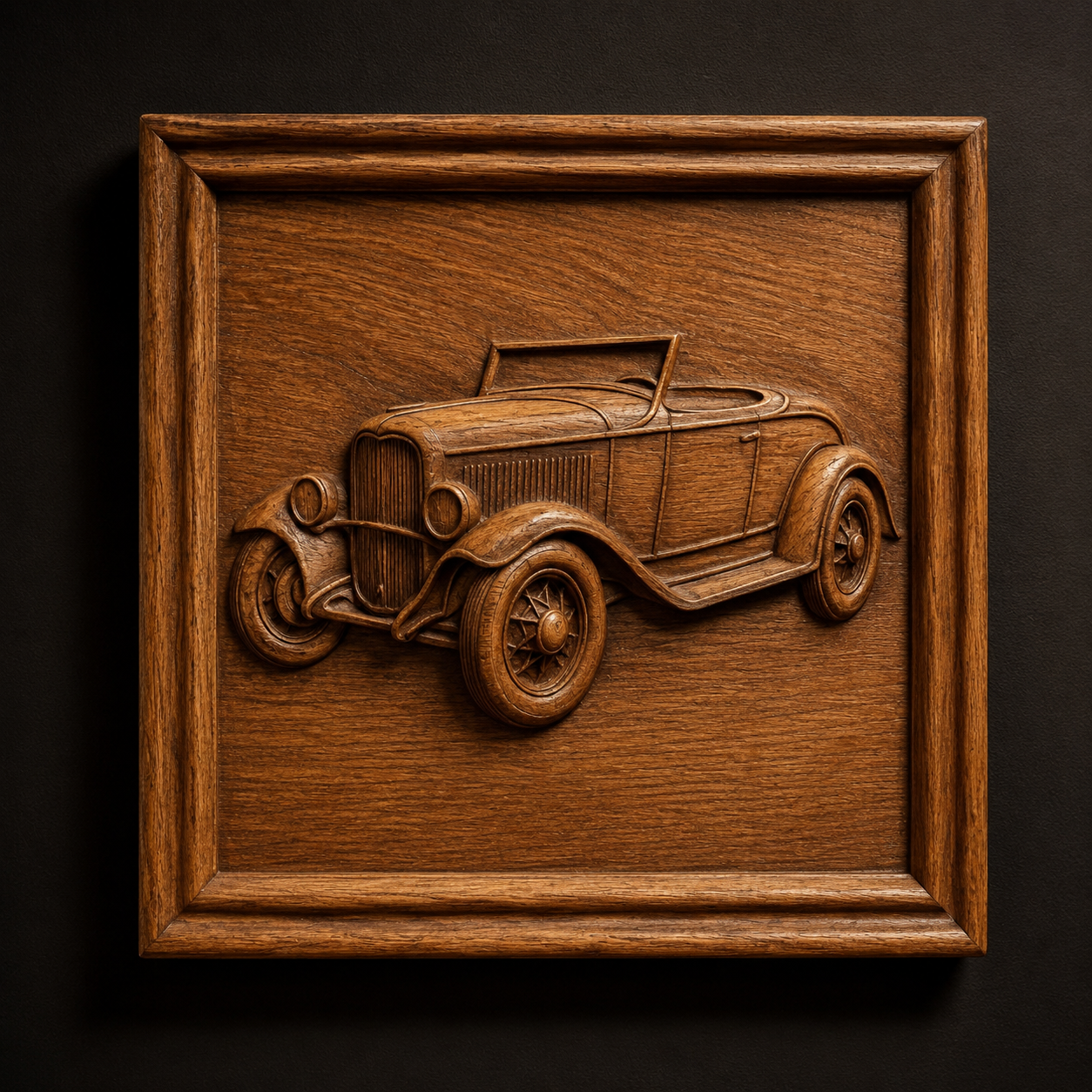 Form Arcade's "Vintage Roadster Car Relief STL File | CNC Wall Art" features a detailed CNC relief carving of a vintage roadster in a rectangular wooden frame set against a dark background.