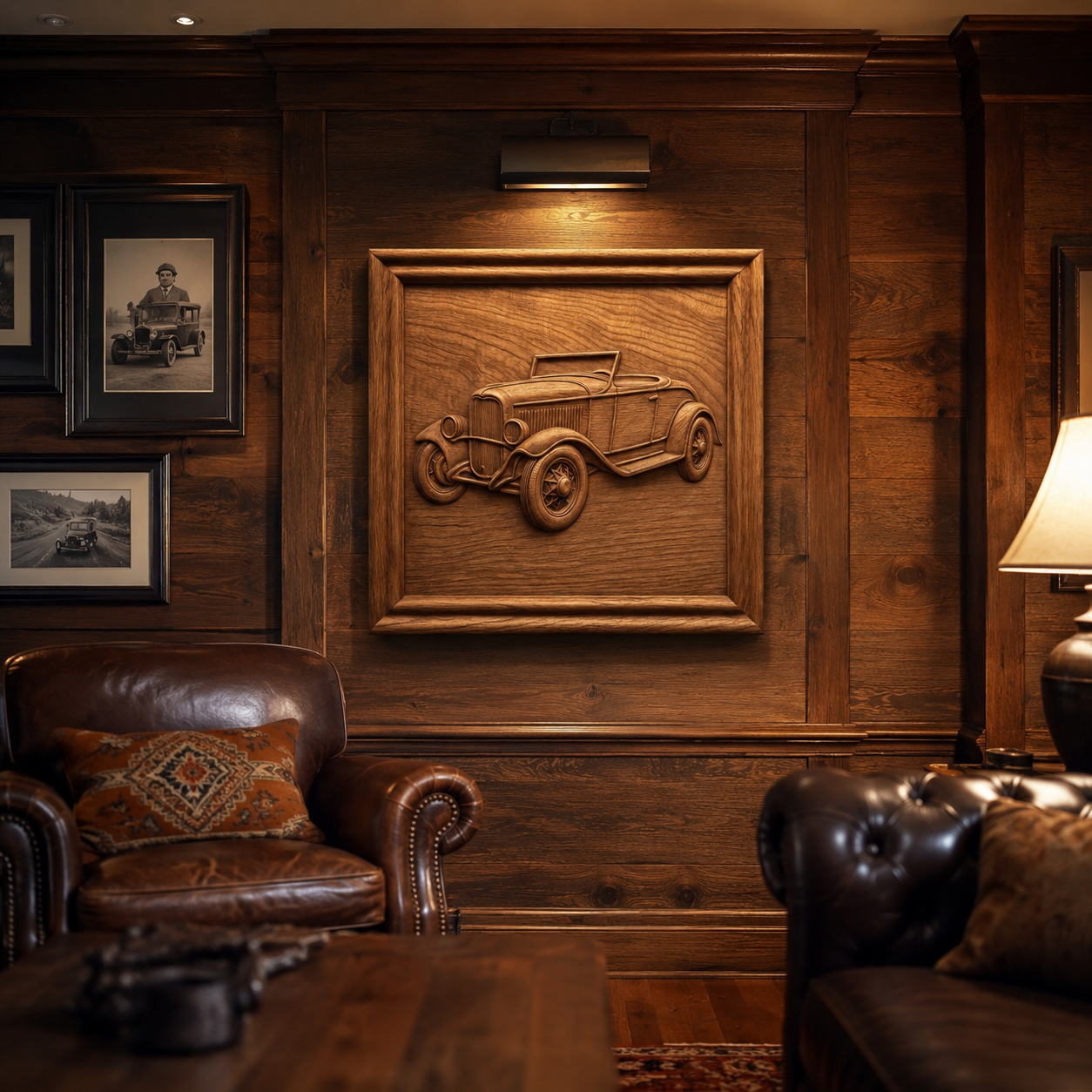 A cozy, vintage-style room with wood-paneled walls, leather armchairs, framed photos, and Form Arcade’s Vintage Roadster Car Relief STL File CNC wall art displayed above the seating area, warmly lit by a lamp.