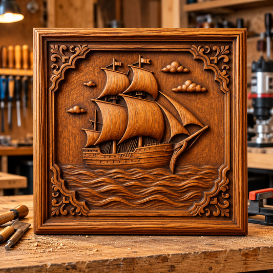 Vintage Sailing Ship Relief STL File | Pirate CNC Wall Art