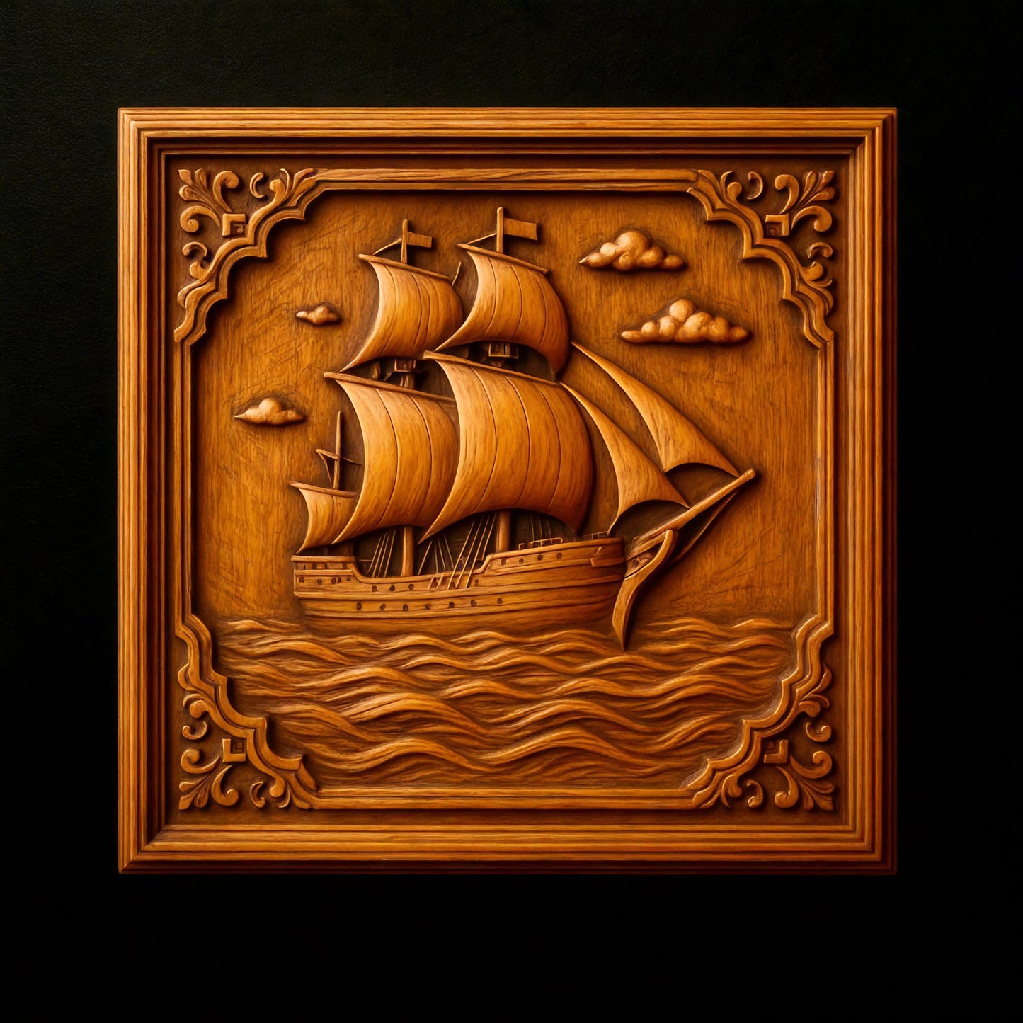 The Vintage Sailing Ship Relief STL File | Pirate CNC Wall Art by Form Arcade features a detailed wooden carving of a sailing ship navigating wavy waters, surrounded by ornate patterns and small clouds in the sky—all intricately designed for CNC relief carving. This piece beautifully highlights classic woodworking artistry and advanced digital carving techniques.