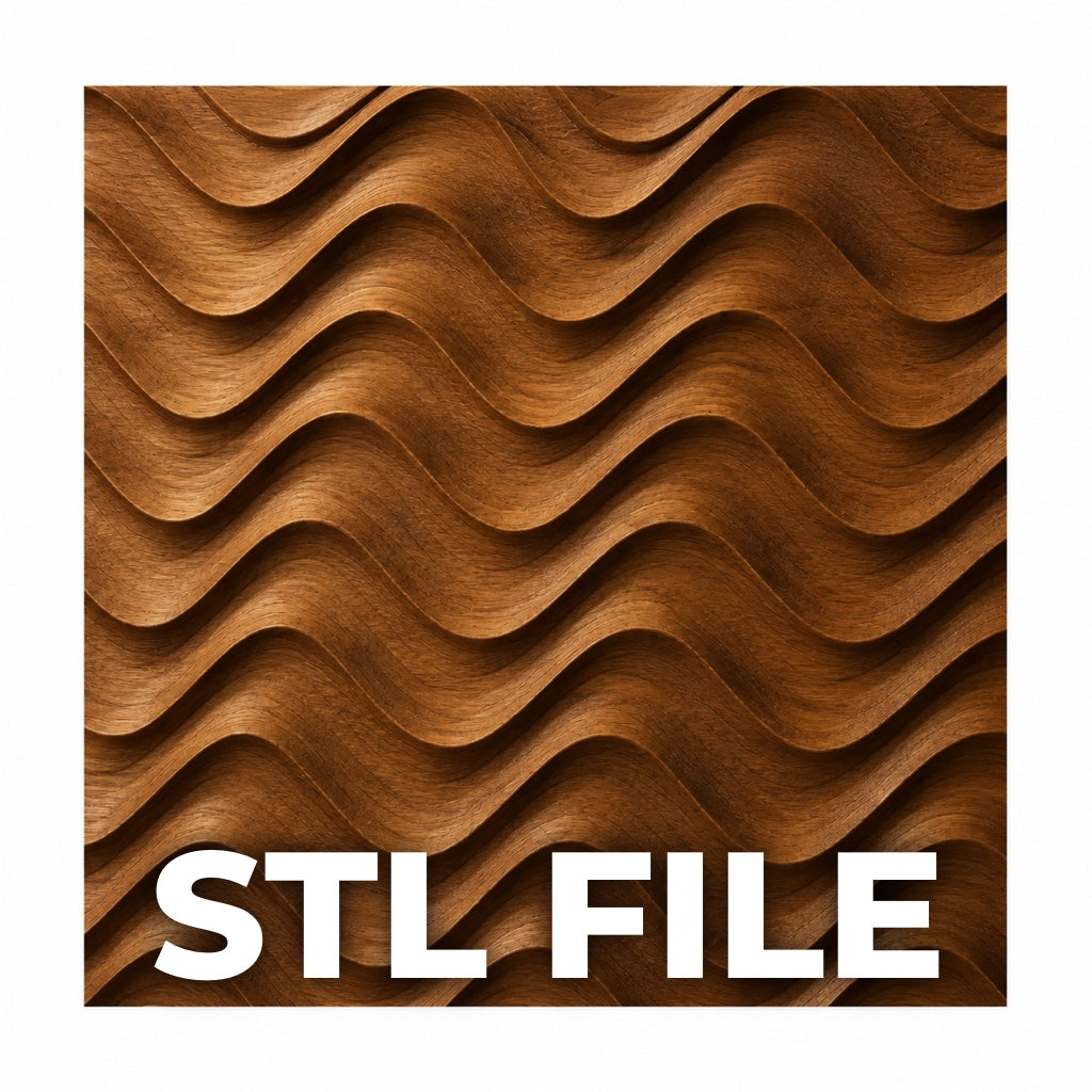 The Wave Pattern Relief STL File by Form Arcade features a wavy, layered wood texture and bold "STL FILE" text—ideal for woodworking projects or creating abstract CNC wall art with detailed wave relief.