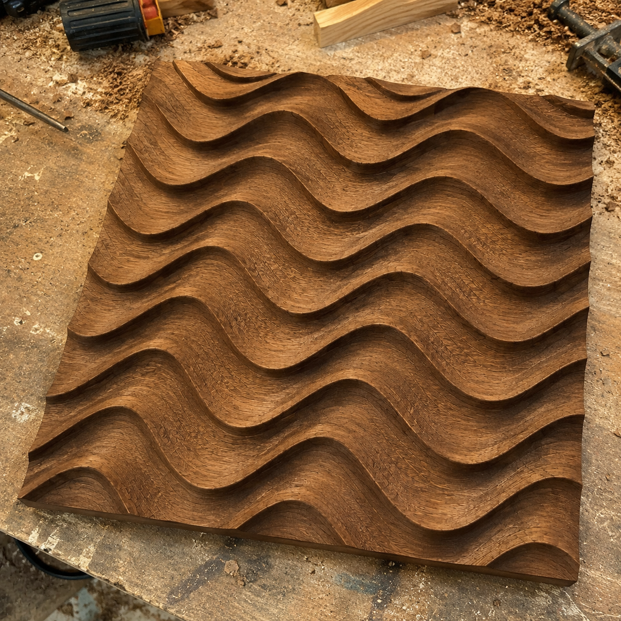 The Wave Pattern Relief STL File by Form Arcade, an abstract CNC wall art design, is displayed on a sawdust-covered workbench, showcasing its potential for creative woodworking and CNC relief carving projects.