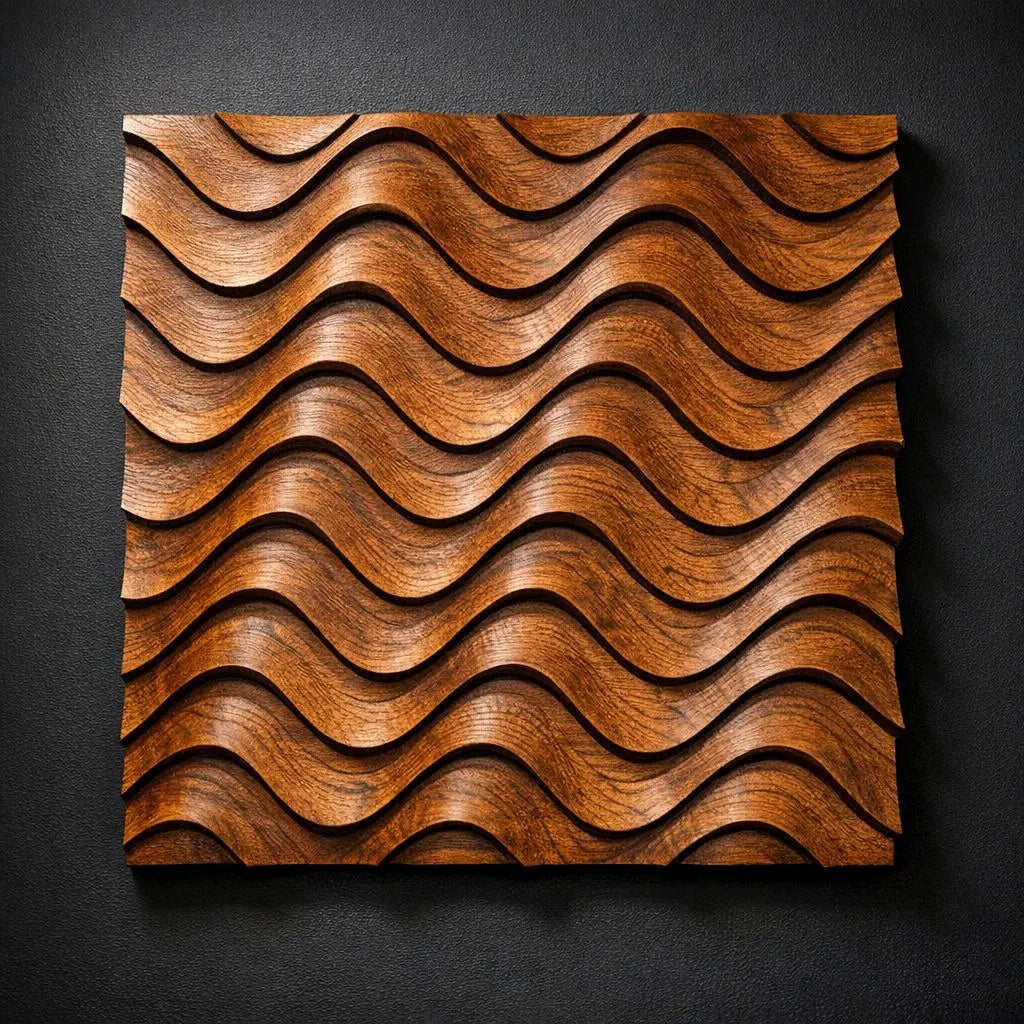 The Wave Pattern Relief STL File by Form Arcade offers an abstract CNC wall art design with smooth, flowing curves in a square format. Its warm brown look is ideal for woodworking projects and stands out against a dark, textured backdrop.