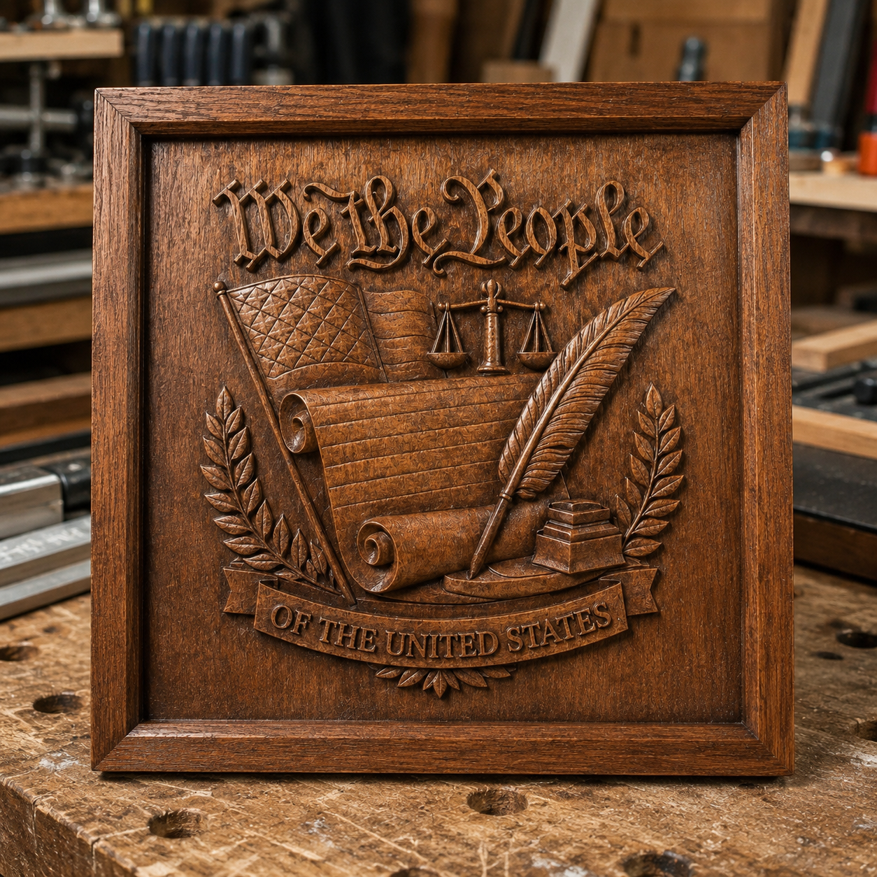 The “We The People Constitution Relief STL File” by Form Arcade is a CNC wall art design featuring a bas relief of the U.S. Constitution, books, quill, and scales of justice. The lower banner reads “Of the United States.”.