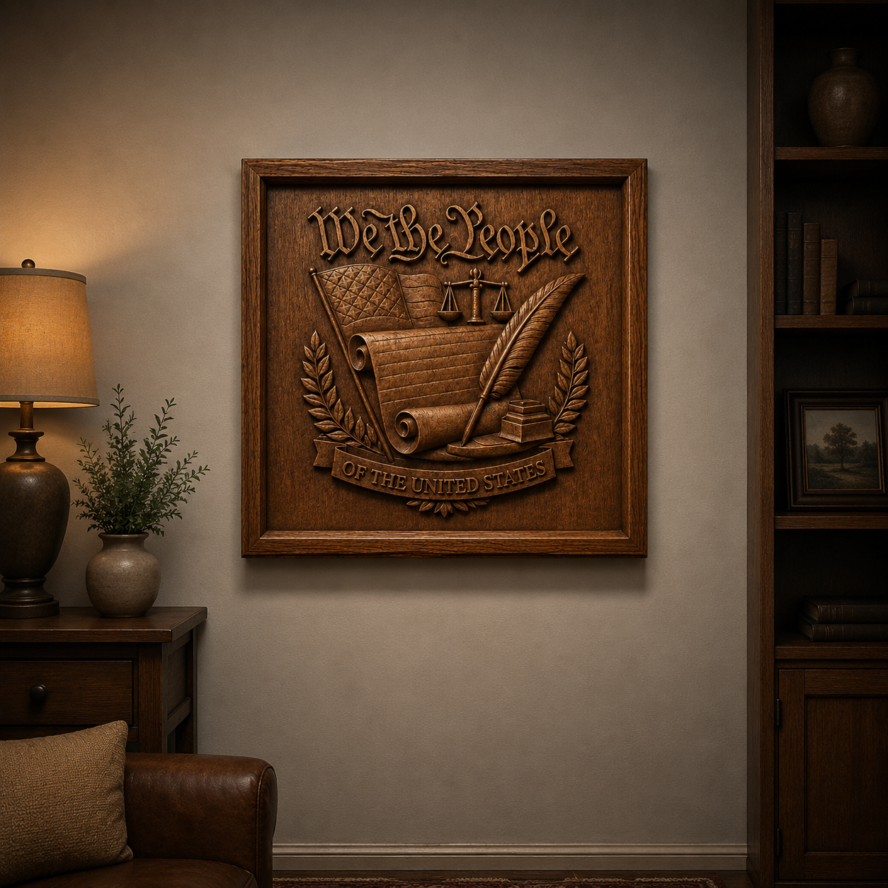 The Form Arcade We The People Constitution Relief STL File, a patriotic CNC wall art, features a quill, scales, and parchment with "Of the United States" carved below. Displayed in a living room with a lamp, plant, and bookshelves.