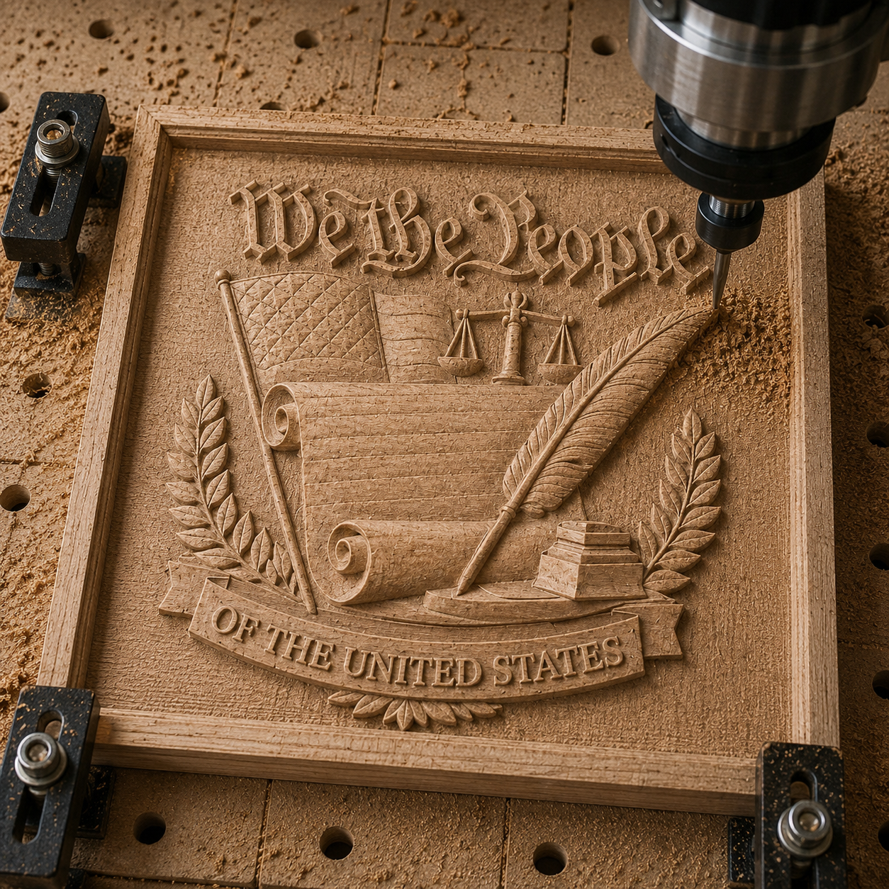 The We The People Constitution Relief STL File by Form Arcade is a patriotic CNC wall art design featuring bas relief details of "We The People," the US flag, scales of justice, quill, scroll, laurel leaves, and a banner reading "Of the United States.