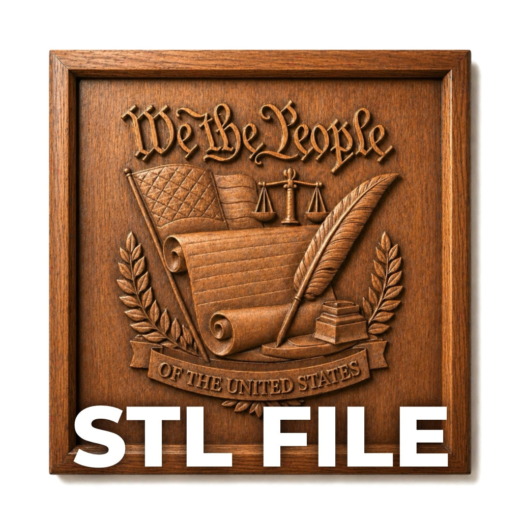 The We The People Constitution Relief STL File by Form Arcade is a patriotic CNC wall art design featuring "We the People," a quill, scales, books, and scroll—ideal for 3D printing or CNC carving projects.
