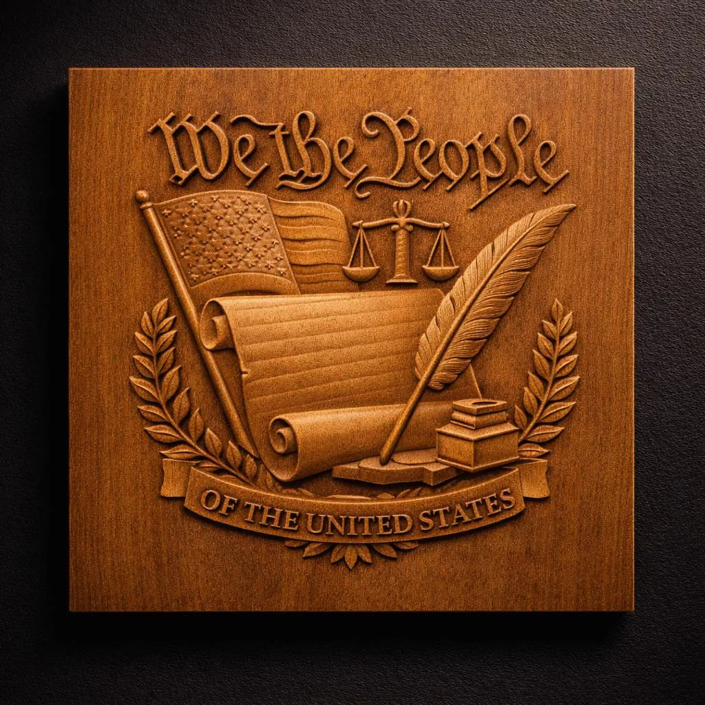 Form Arcade’s We The People Constitution Relief STL File is a patriotic CNC wall art design featuring “We the People,” a scroll, scales of justice, books, and an American flag—perfect for your next carved wooden plaque project.