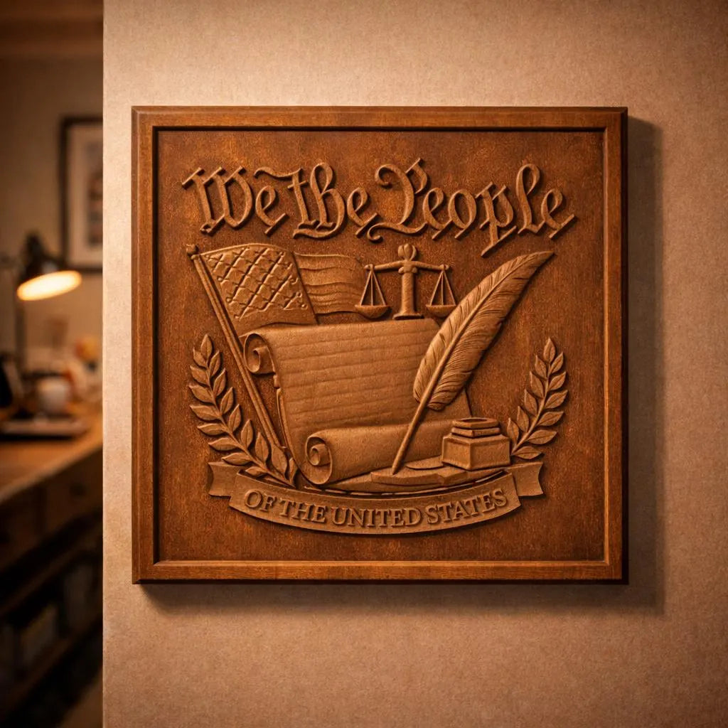 Form Arcade’s “We The People Constitution Relief STL File | Patriotic CNC Wall Art” features a wooden wall plaque design with a scroll, quill, scales of justice, laurel branches, and “Of the United States” carved at the bottom. STL for CNC or 3D print.