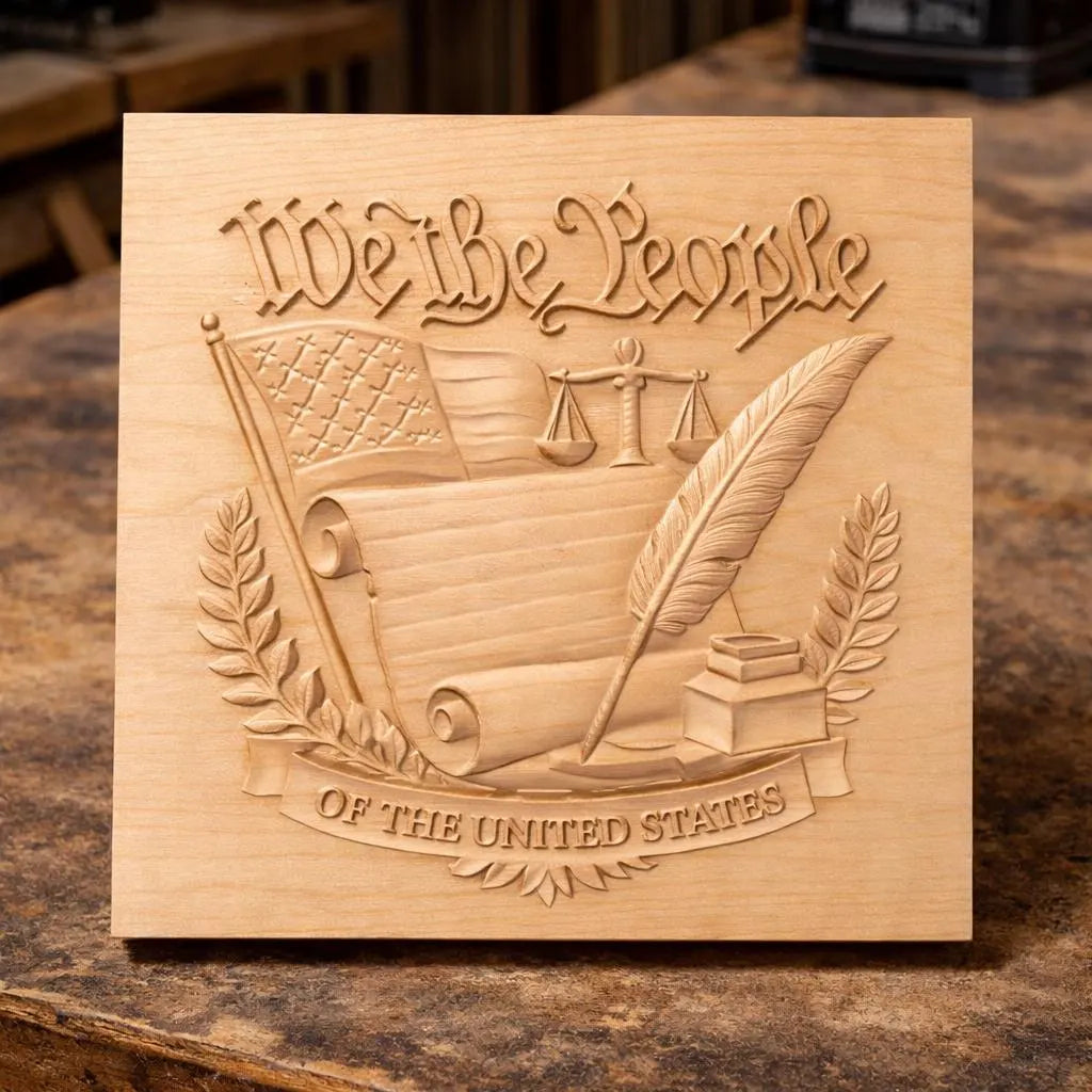 The We The People Constitution Relief STL File by Form Arcade is a patriotic CNC wall art design featuring classic symbols like a quill, scales, flag, and more—ideal for unique carved decor or Constitution-themed projects.