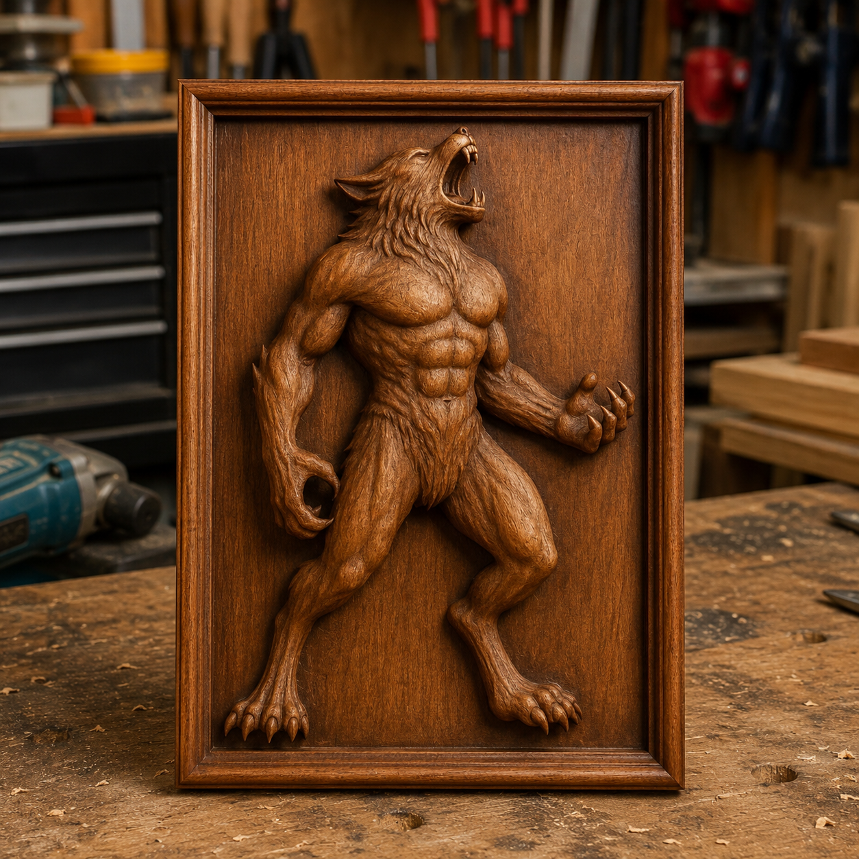 Displayed on a woodworking shop’s workbench, the Werewolf Relief STL File | Horror CNC Wall Art by Form Arcade features a detailed, muscular werewolf captured in a snarling pose and set within a frame. This striking digital design is perfect for adding an impressive horror element to your next woodworking project.