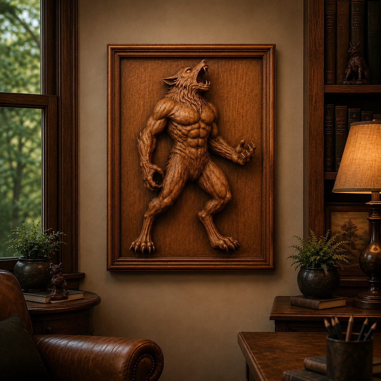 A cozy study, filled with plants, bookshelves, and a lamp beside a window overlooking lush greenery, features the Werewolf Relief STL File | Horror CNC Wall Art by Form Arcade—a detailed wooden relief of a howling werewolf ideal for woodworking projects or CNC relief carving—hanging on the wall.