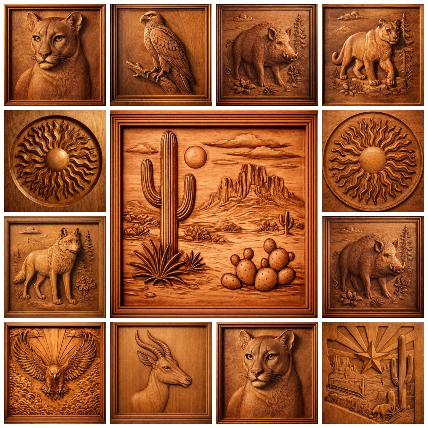 A collage of intricately carved wooden panels from the Form Arcade Western Desert 12-Pack CNC Relief STL Bundle showcases Southwestern animals, desert landscapes, sun motifs, and cacti in warm brown tones. Created with advanced CNC carving techniques for woodworking projects, this Southwest CNC wall art features a central panel depicting a cactus set against mountains and a radiant sun backdrop.