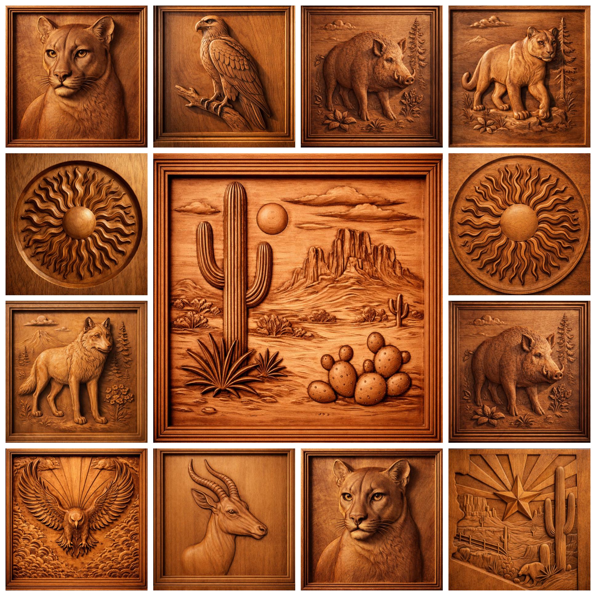 A collage of intricately carved wooden panels from the Form Arcade Western Desert 12-Pack CNC Relief STL Bundle showcases Southwestern animals, desert landscapes, sun motifs, and cacti in warm brown tones. Created with advanced CNC carving techniques for woodworking projects, this Southwest CNC wall art features a central panel depicting a cactus set against mountains and a radiant sun backdrop.