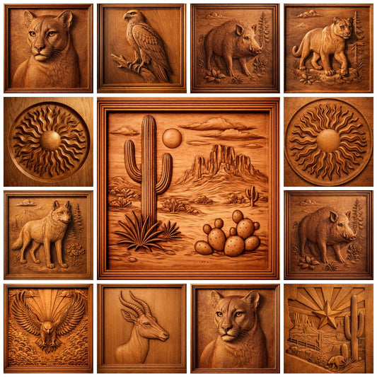 A collage of intricately carved wooden panels from the Form Arcade Western Desert 12-Pack CNC Relief STL Bundle showcases Southwestern animals, desert landscapes, sun motifs, and cacti in warm brown tones. Created with advanced CNC carving techniques for woodworking projects, this Southwest CNC wall art features a central panel depicting a cactus set against mountains and a radiant sun backdrop.
