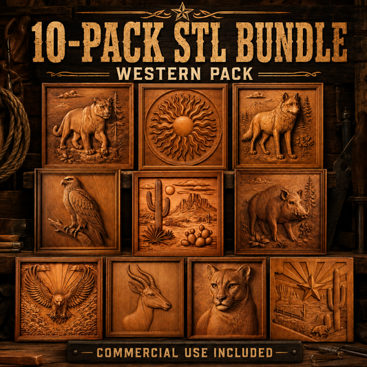A grid of 10 wooden plaques features carved western-themed designs, including animals, landscapes, and a sun, with text reading “Western Desert 10-Pack CNC Relief STL Bundle | Southwest CNC Wall Art” by Form Arcade. Commercial use included. Perfect for CNC carving and woodworking projects.