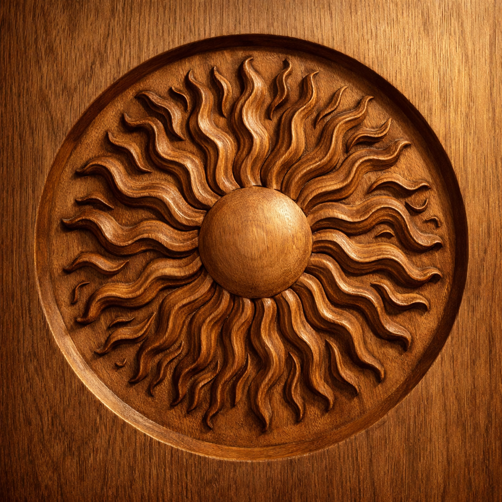 The Western Desert 12-Pack CNC Relief STL Bundle by Form Arcade features intricately carved, round wooden sun designs with wavy rays, set into wood surfaces using CNC carving to create detailed and symmetrical decorative patterns—ideal for your Southwest-inspired woodworking projects.