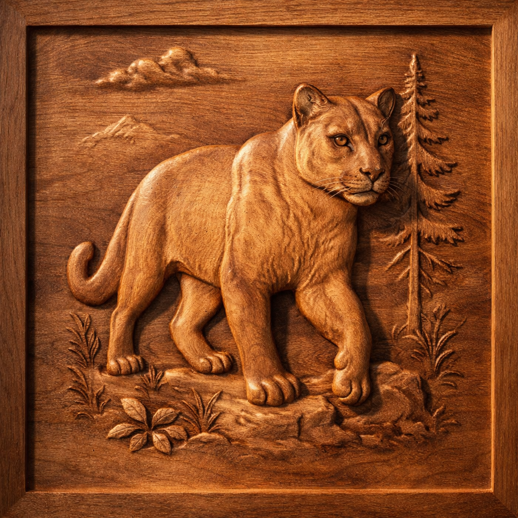 Experience the beauty of the Southwest with the “Western Desert 12-Pack CNC Relief STL Bundle” by Form Arcade. This design features a detailed wooden carving of a mountain lion walking through nature, surrounded by trees, mountains, and plants, all elegantly framed by a wooden border. Perfect for CNC carving or woodworking projects, this versatile CNC relief STL is ideal for creating stunning Southwest-inspired wall art.