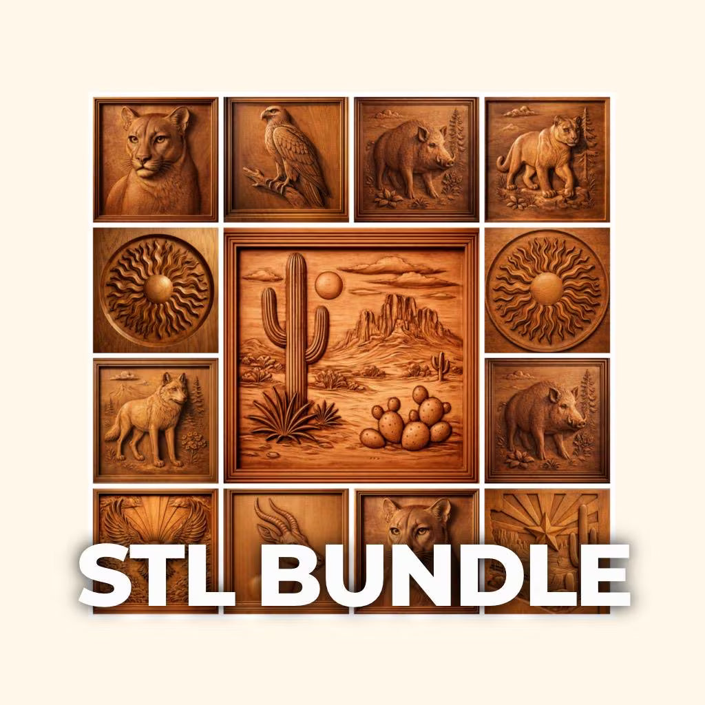 A collage of carved wood panels from the “Western Desert 12-Pack CNC Relief STL Bundle | Southwest CNC Wall Art” by Form Arcade showcases unique CNC carving details with intricate animals, desert landscapes, and sun motifs, and features the text STL BUNDLE at the bottom.