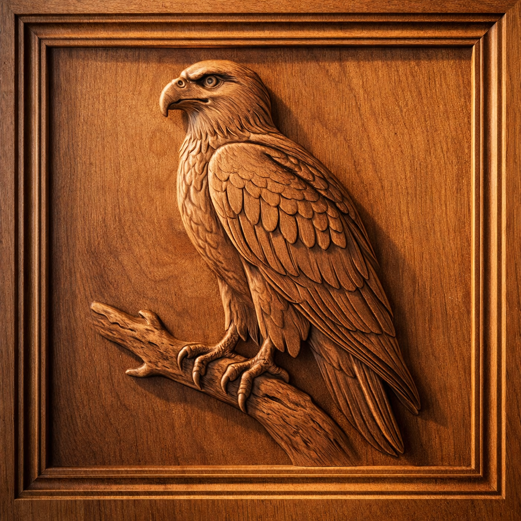 Showcasing intricate feather and texture details, the “Western Desert 12-Pack CNC Relief STL Bundle | Southwest CNC Wall Art” by Form Arcade features a detailed wooden carving of an eagle perched on a branch, set within a square wooden panel—a striking example of CNC carving for woodworking projects.
