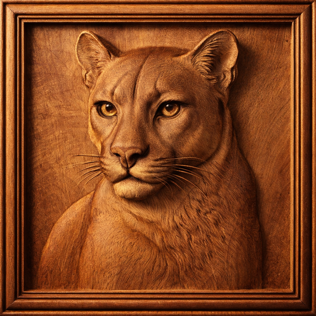 Showcasing the “Western Desert 12-Pack CNC Relief STL Bundle | Southwest CNC Wall Art” from Form Arcade, this piece features a detailed wood carving of a cougar’s head and upper body, with intricate textures accentuating the fur and facial features. Skillfully designed for advanced woodworking projects, both the background and frame are wooden, complementing the overall southwestern aesthetic.