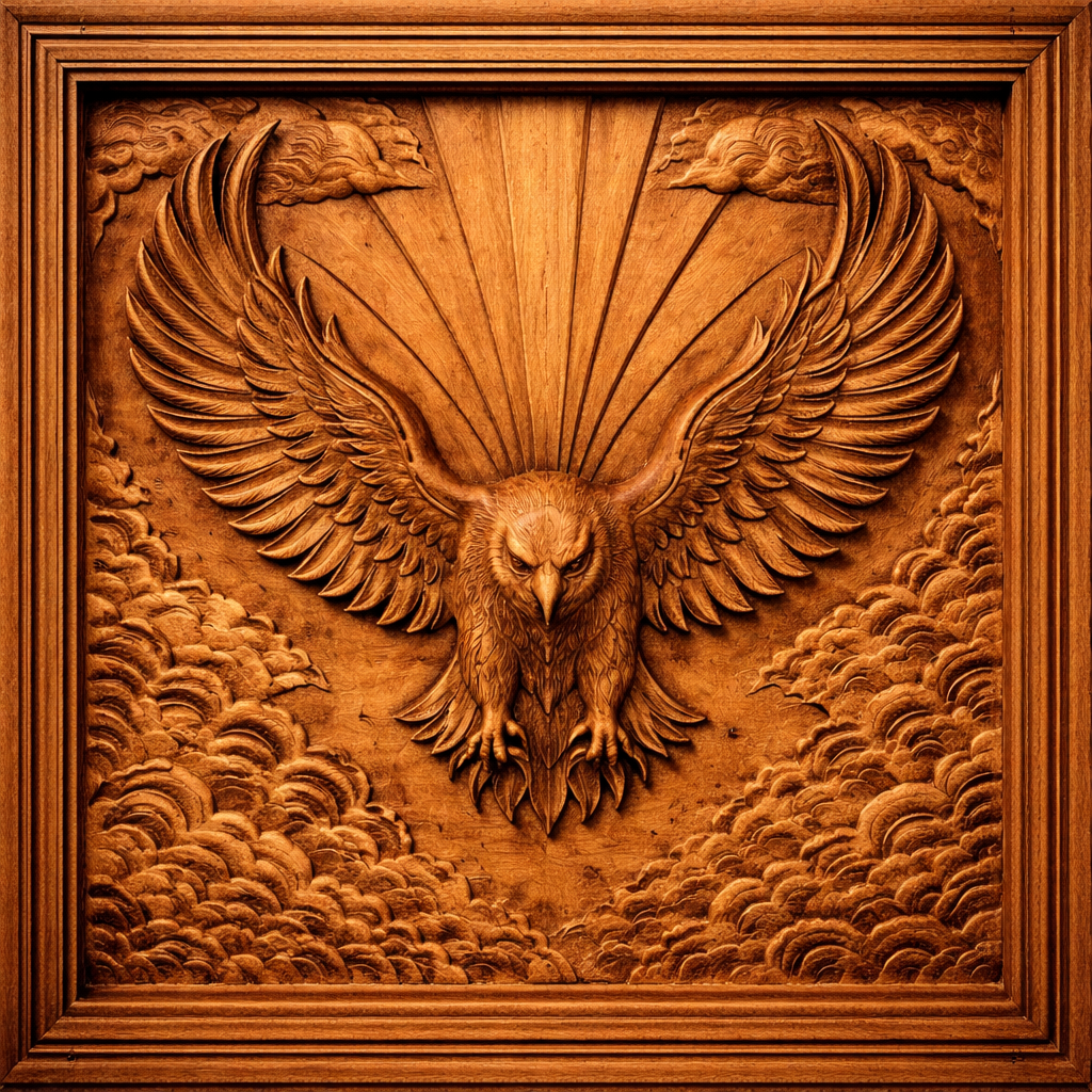 Introducing the Western Desert 12-Pack CNC Relief STL Bundle by Form Arcade—a stunning collection of Southwest CNC wall art. This bundle features intricately designed wooden panels, such as an eagle with outstretched wings soaring above clouds with rays of light shining behind, all set within a square frame. Perfect for woodworking projects, this bundle can also be used as CNC carving designs to elevate your next creative venture.
