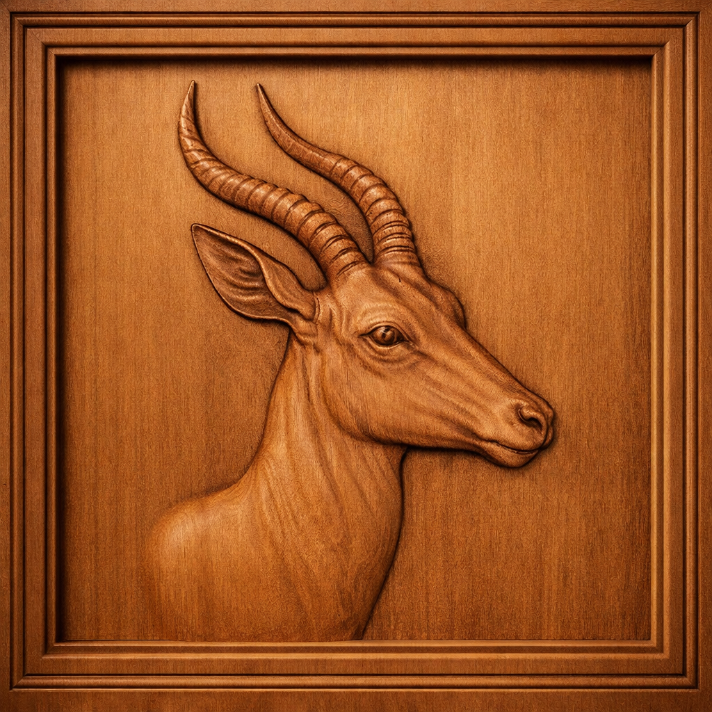 Explore the Western Desert 12-Pack CNC Relief STL Bundle by Form Arcade—featuring a beautifully detailed wooden carving of an antelope’s head with curved horns, set in a square frame. Perfect for Southwest CNC wall art and woodworking projects.