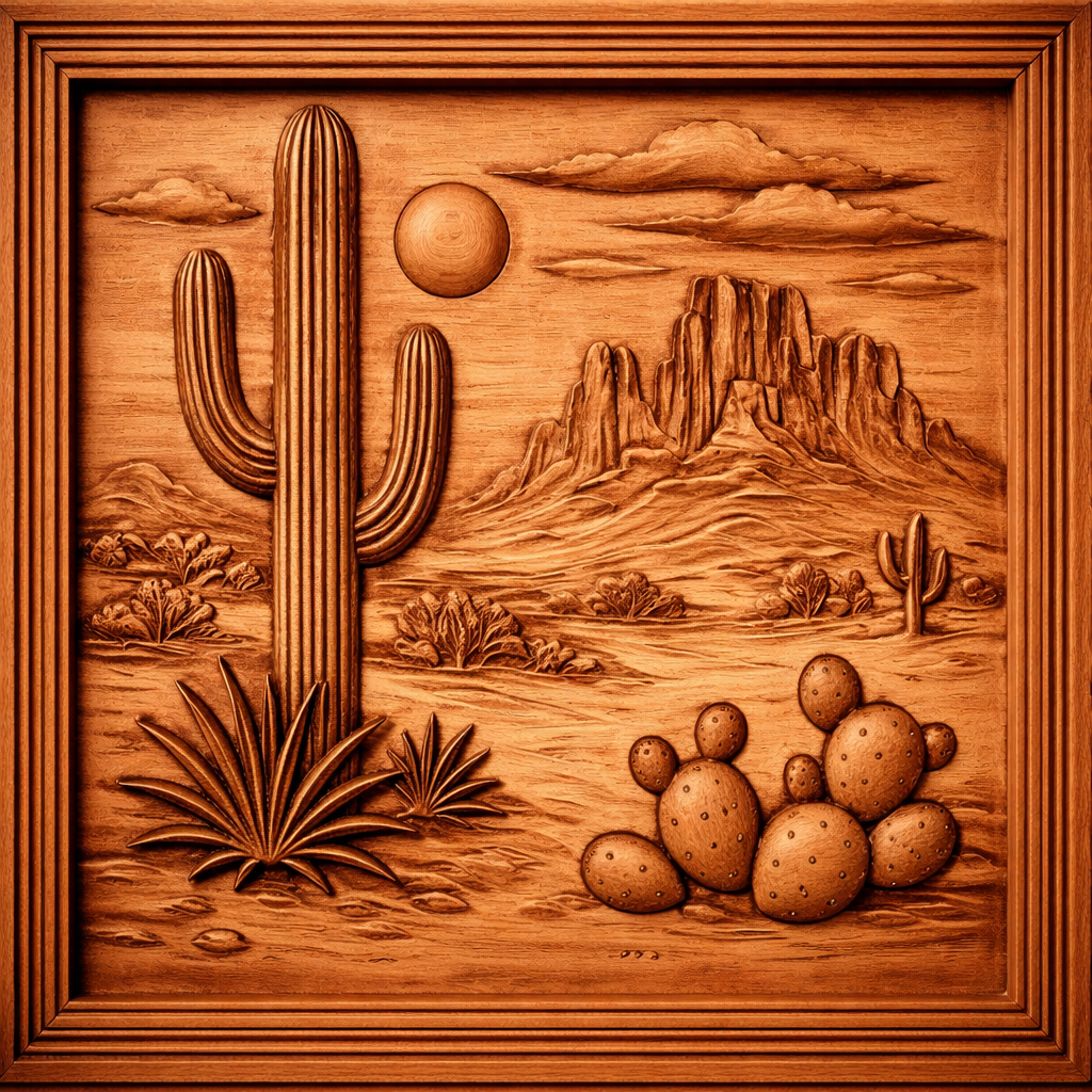 Discover the “Western Desert 12-Pack CNC Relief STL Bundle” by Form Arcade—a collection of Southwest CNC wall art designs, including woodcarved frames of desert scenes with large cacti, prickly pear, agave, mountains, scattered shrubs, clouds, and a radiant sun—perfect inspiration for woodworking projects and CNC carving enthusiasts.