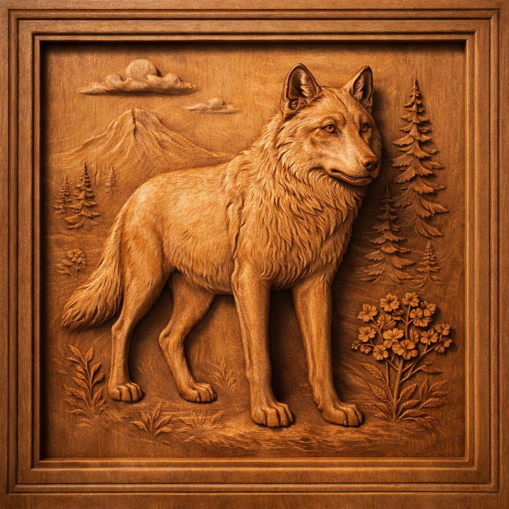 Experience the artistry of the Western Desert 12-Pack CNC Relief STL Bundle from Form Arcade, featuring detailed designs such as a wood-carved wolf standing among flowers and pine trees with mountains and clouds in the background—all beautifully framed in a wooden square. Perfect for woodworking projects, this Southwest CNC Wall Art collection offers exceptional inspiration for your next CNC relief STL creation.