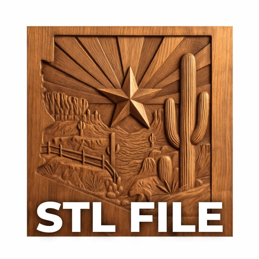 The Arizona Desert Star CNC Relief STL File by Form Arcade features a desert scene with a cactus, mountains, star, fence, and sunburst—perfect for 3D printing Southwest wall art. "STL FILE" appears in bold white letters at the bottom.