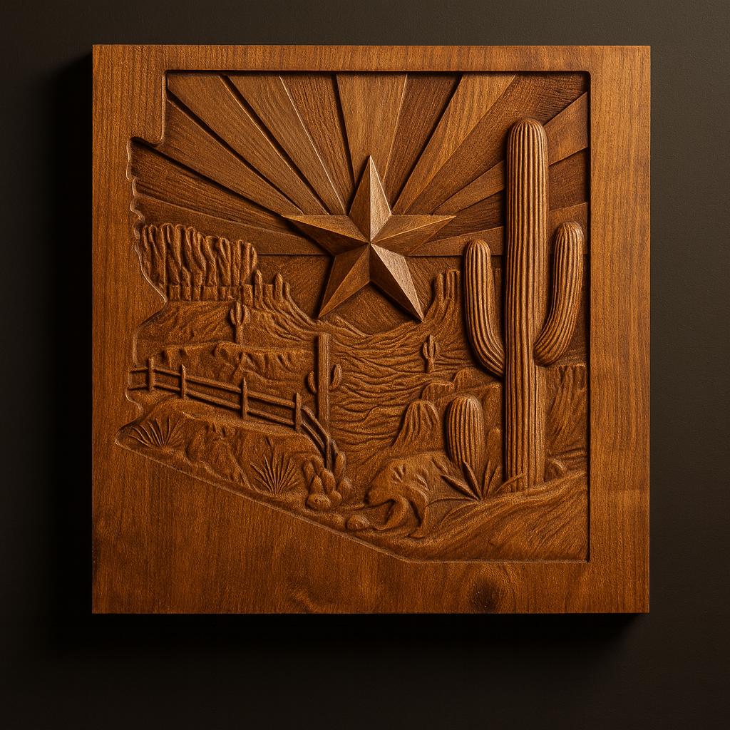 The Arizona Desert Star CNC Relief STL File by Form Arcade features a Southwest cactus scene with cliffs, a fence, and a star in Arizona's outline—ideal for CNC wall art or 3D printing.