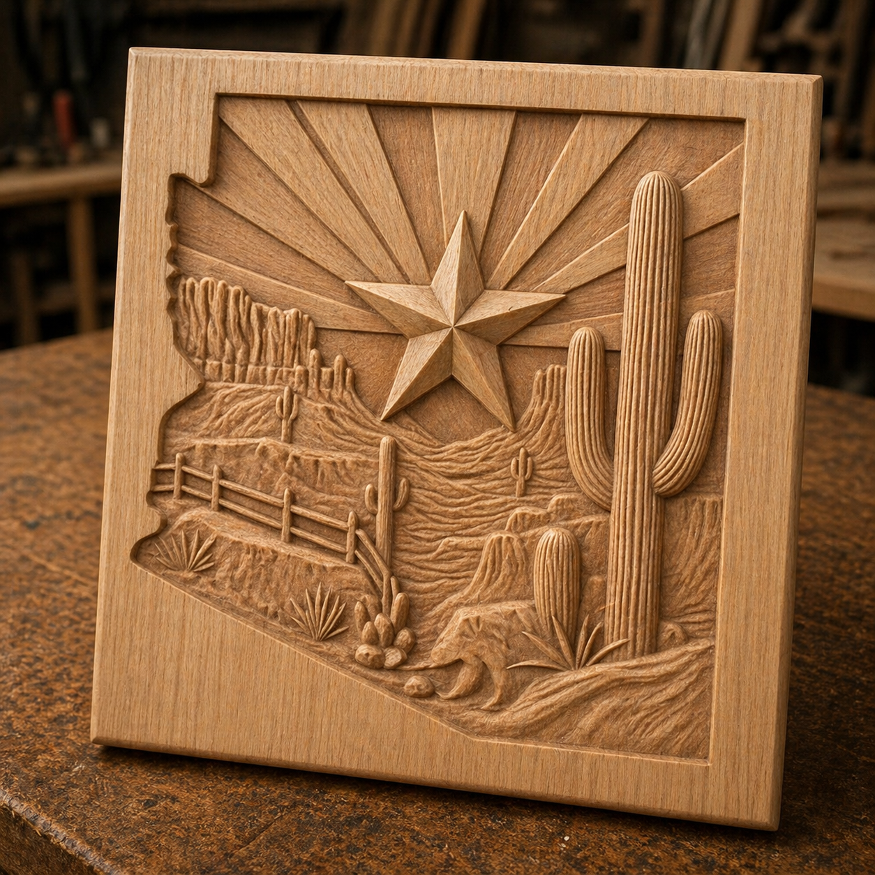 The Arizona Desert Star CNC Relief STL File by Form Arcade features a desert scene with cacti, mesas, a lizard, fence, and star over sun rays in Arizona’s outline—perfect Southwest cactus CNC wall art for your 3D printing projects.