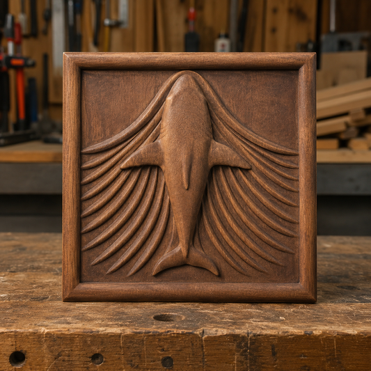 A square wooden plaque featuring Form Arcade’s Whale Tail Ocean Waves Relief design, intricately CNC-carved with flowing lines reminiscent of ocean waves, displayed on a workbench in a woodshop with tools and materials in the background. This piece showcases advanced CNC carving techniques and serves as unique nautical wall art.