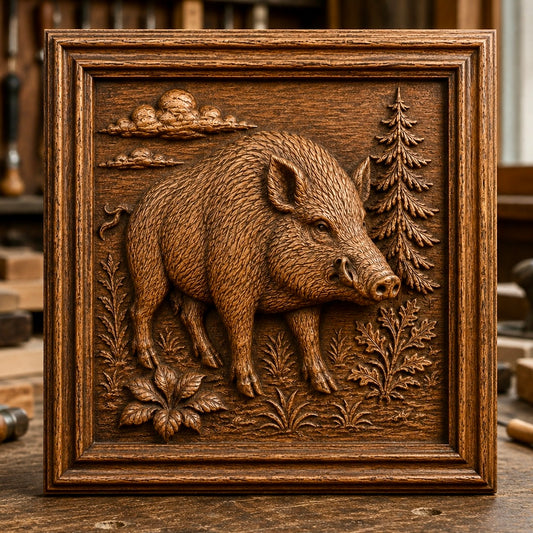 Experience expert craftsmanship with the “Wild Boar Relief STL File | Wildlife CNC Wall Art” by Form Arcade. This detailed design features a wild boar amidst a lush forest scene, surrounded by trees and plants and framed with an ornate wooden border, making it perfect for display in your workspace or home. Ideal for enthusiasts of CNC relief carving or anyone searching for a Wild Boar STL, this woodworking wall art highlights exceptional artistry and attention to detail.