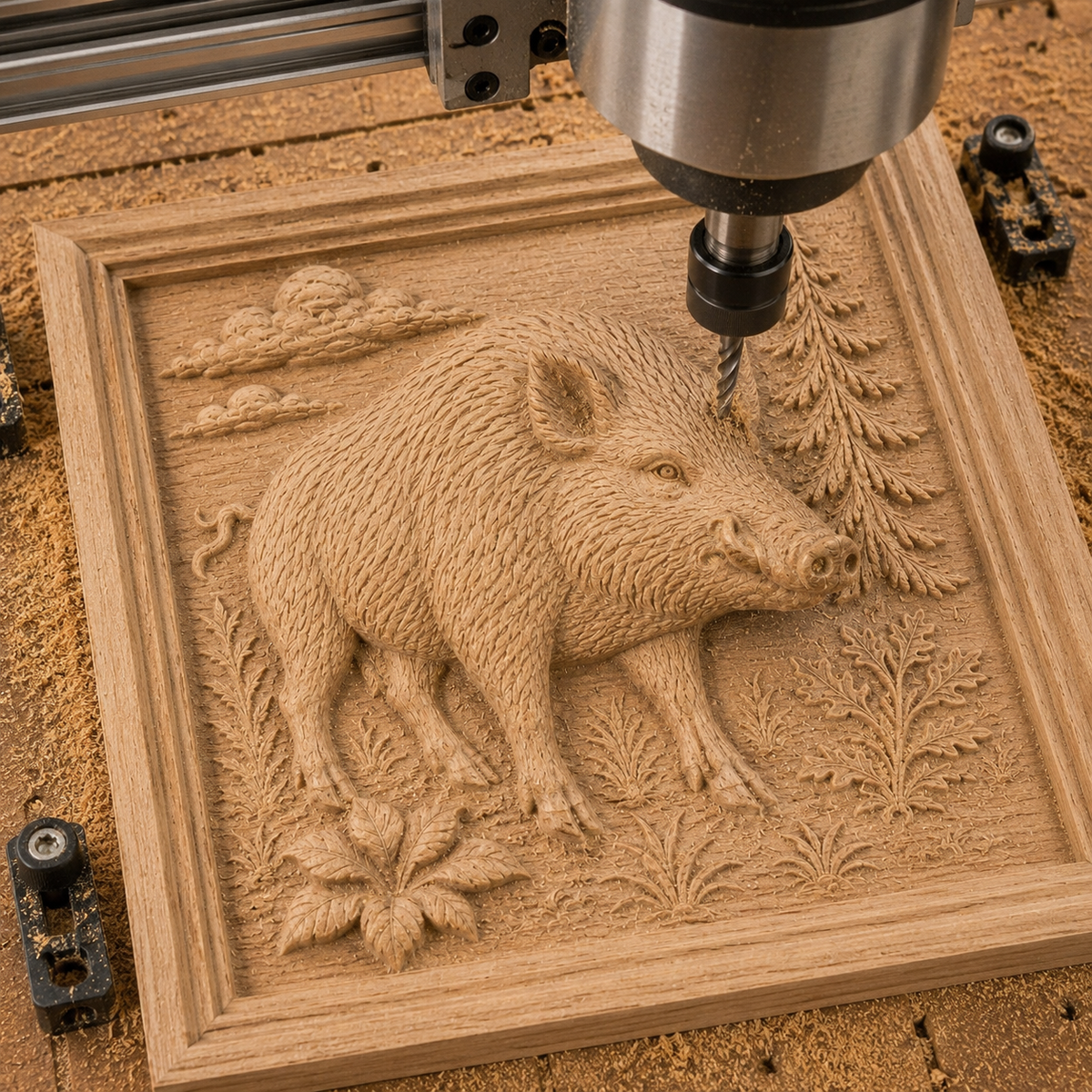 A CNC machine etches a detailed wild boar and foliage motif onto a wooden square plaque, with wood shavings scattered around—an ideal woodworking wall art piece or source of inspiration for those seeking the Form Arcade Wild Boar Relief STL File | Wildlife CNC Wall Art.