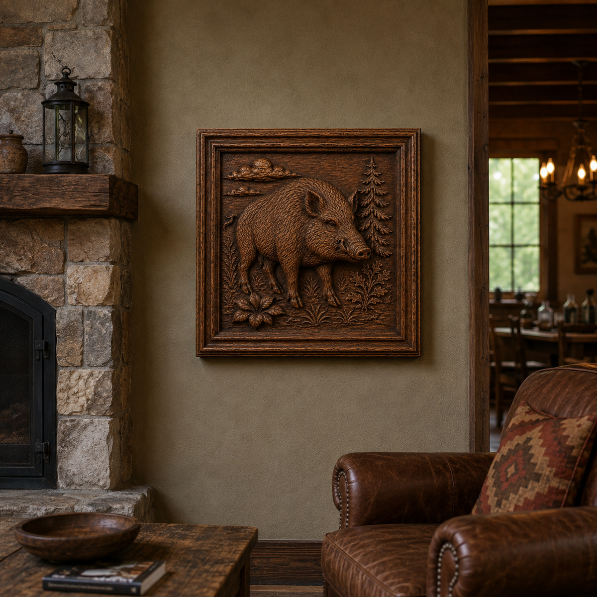 A rustic living room features a stone fireplace, a leather armchair, and woodworking wall art—a detailed wooden relief of a wild boar surrounded by trees, crafted using the Wild Boar Relief STL File | Wildlife CNC Wall Art by Form Arcade and mounted on a beige wall.