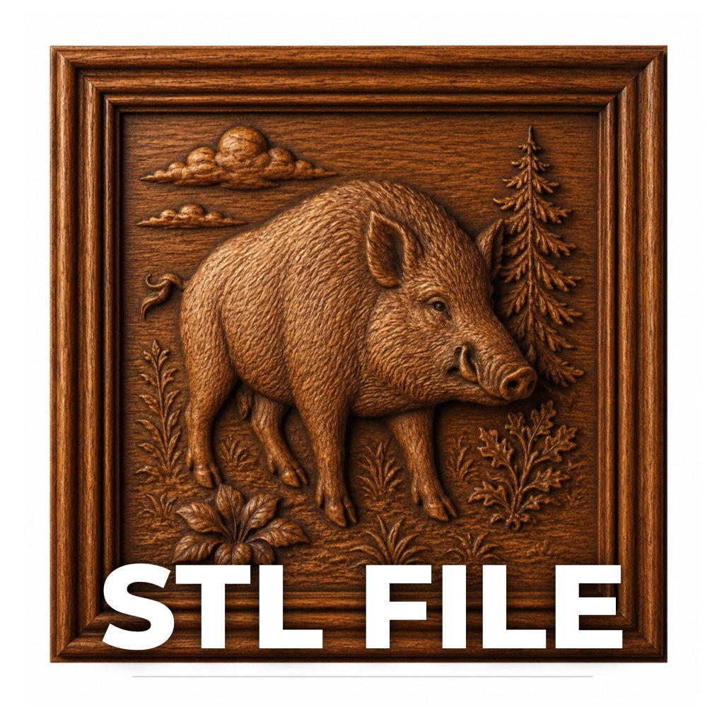 A detailed CNC carving of a wild boar in a forest scene, framed with ornate wood. "Wild Boar Relief STL File | Boar CNC Wall Art" by Form Arcade—ideal for 3D printing and CNC enthusiasts.