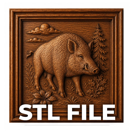 The Wild Boar Relief STL File by Form Arcade features a detailed bas relief of a wild boar in a forest, framed with ornate wood molding and "STL FILE" at the bottom—ideal for wildlife CNC wall art or relief carving projects.