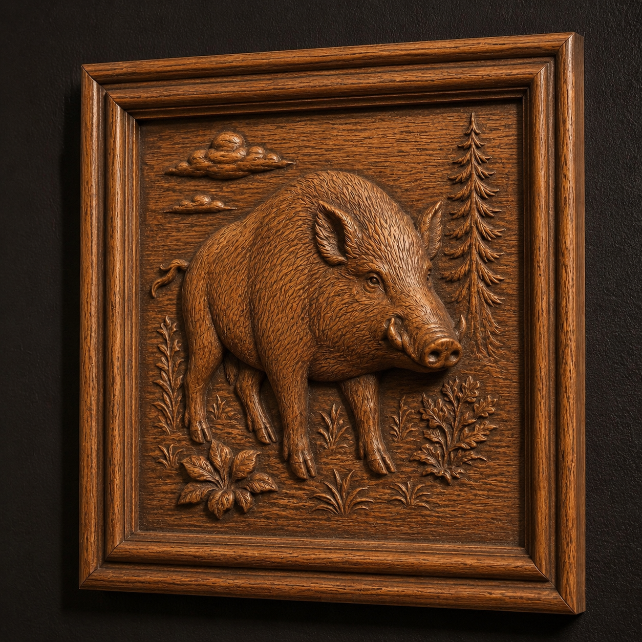 The Wild Boar Relief STL File by Form Arcade features a detailed CNC bas relief of a wild boar among plants, trees, and clouds. Perfect for wildlife-themed wall art, this digital file brings natural textures to your decor.