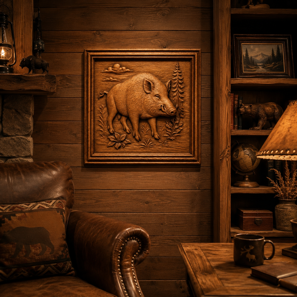 A cozy, rustic study with wood-paneled walls features the "Wild Boar Relief STL File | Wildlife CNC Wall Art" by Form Arcade, paired with a leather armchair, lamp, bookshelf, globe, and warm lighting for a comfortable atmosphere.