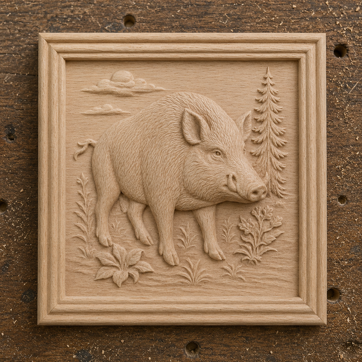 The Wild Boar Relief STL File | Wildlife CNC Wall Art by Form Arcade depicts a wild boar with plants, trees, clouds, and sun in a square frame—perfect for decorative CNC projects.