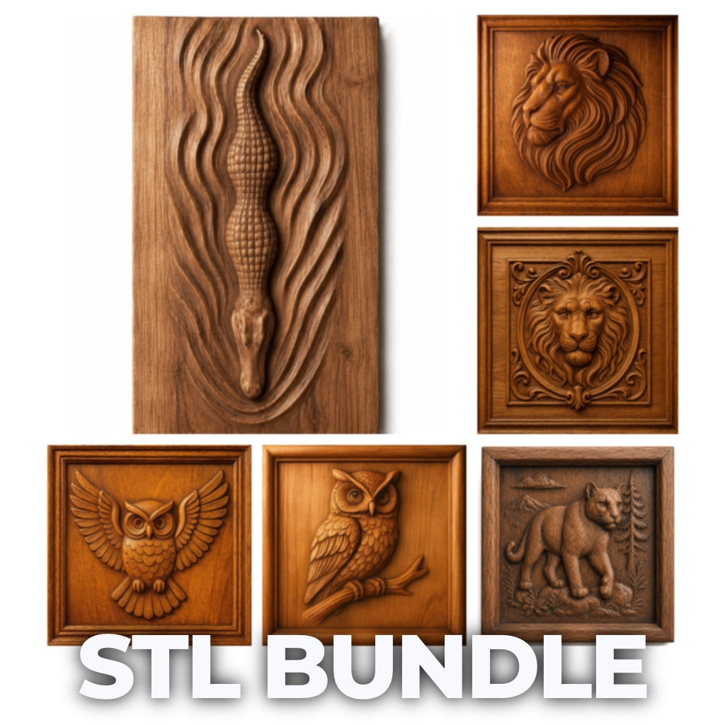 A collage of six carved animal reliefs—featured in the Form Arcade Wildlife Animal 6-Pack Relief STL Bundle for CNC or 3D printing—shows an alligator, two lions, two owls, and a bear with "STL BUNDLE" in bold white at the bottom.