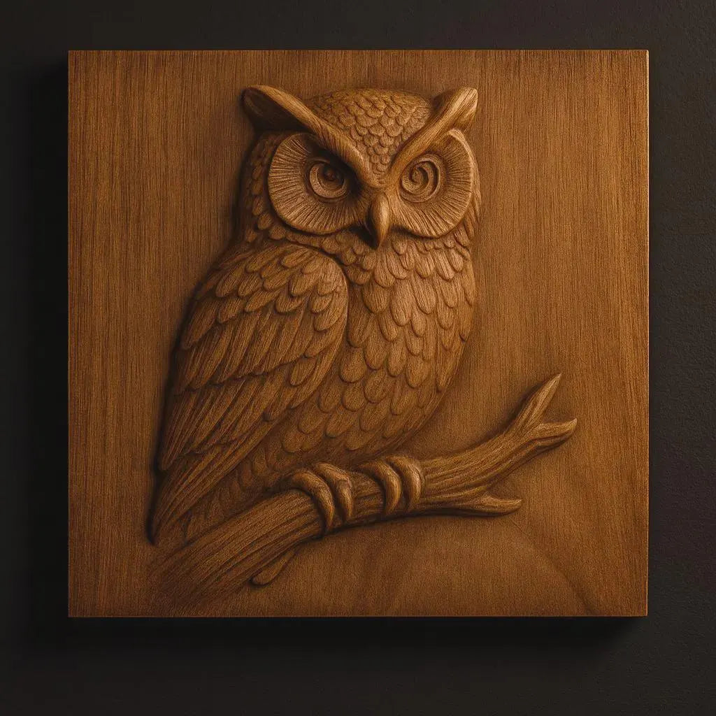 The Wildlife Animal 6-Pack Relief STL Bundle by Form Arcade features a wooden bas relief carving of an owl perched on a branch, mounted on a square panel. This CNC wall art showcases detailed feathers and expressive eyes against a dark background.