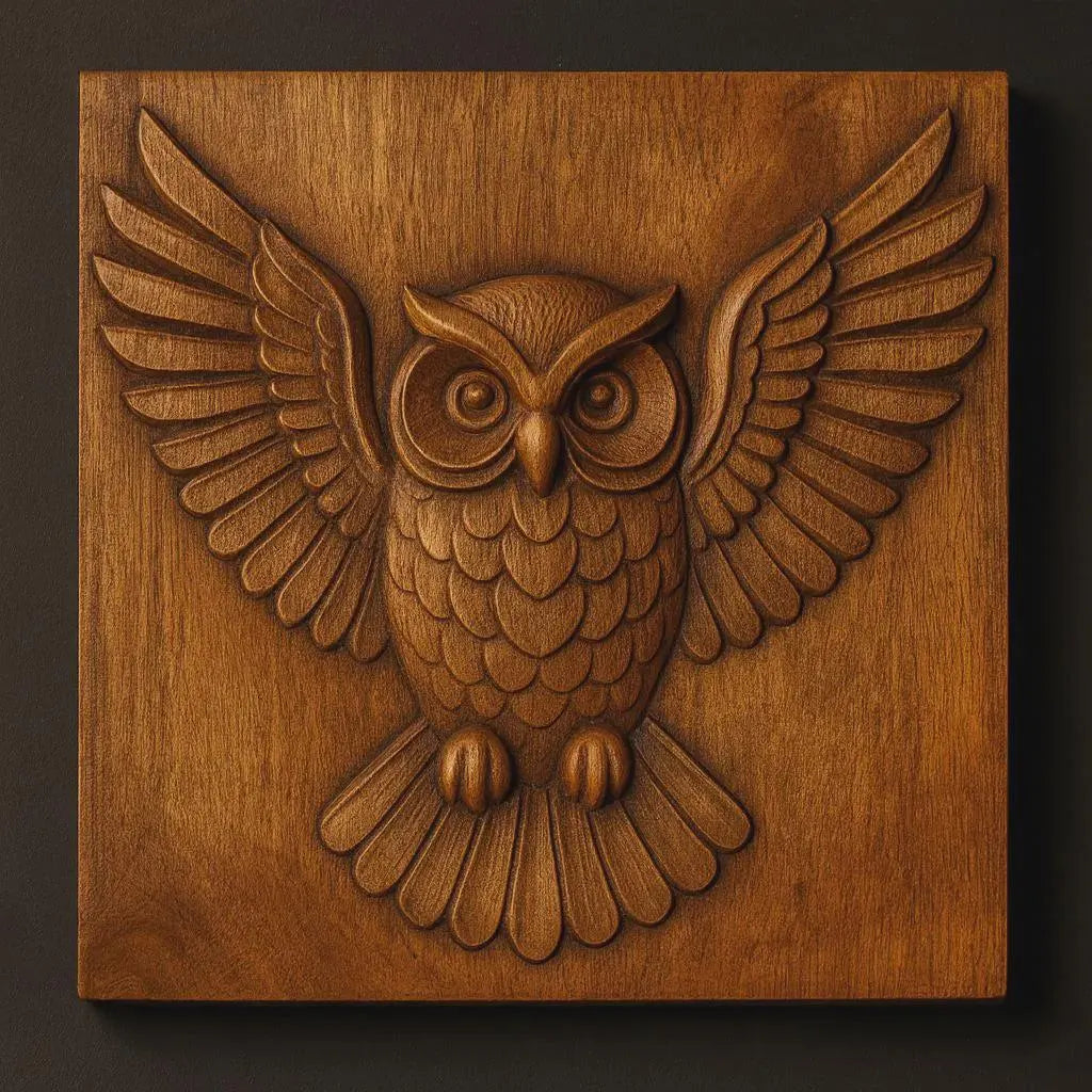 The Wildlife Animal 6-Pack Relief STL Bundle by Form Arcade features an owl with outstretched wings and detailed feathers, perfect for CNC wall art or as decorative paneling in your home.