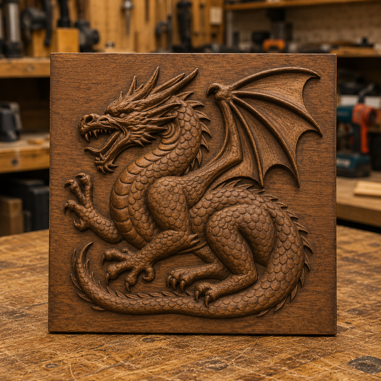 A detailed wooden carving of a dragon, crafted using the Winged Dragon CNC Relief STL File | Fantasy CNC Wall Art from Form Arcade, is displayed on a workbench in a workshop, with tools and shelves visible in the background—an impressive example of woodworking projects.