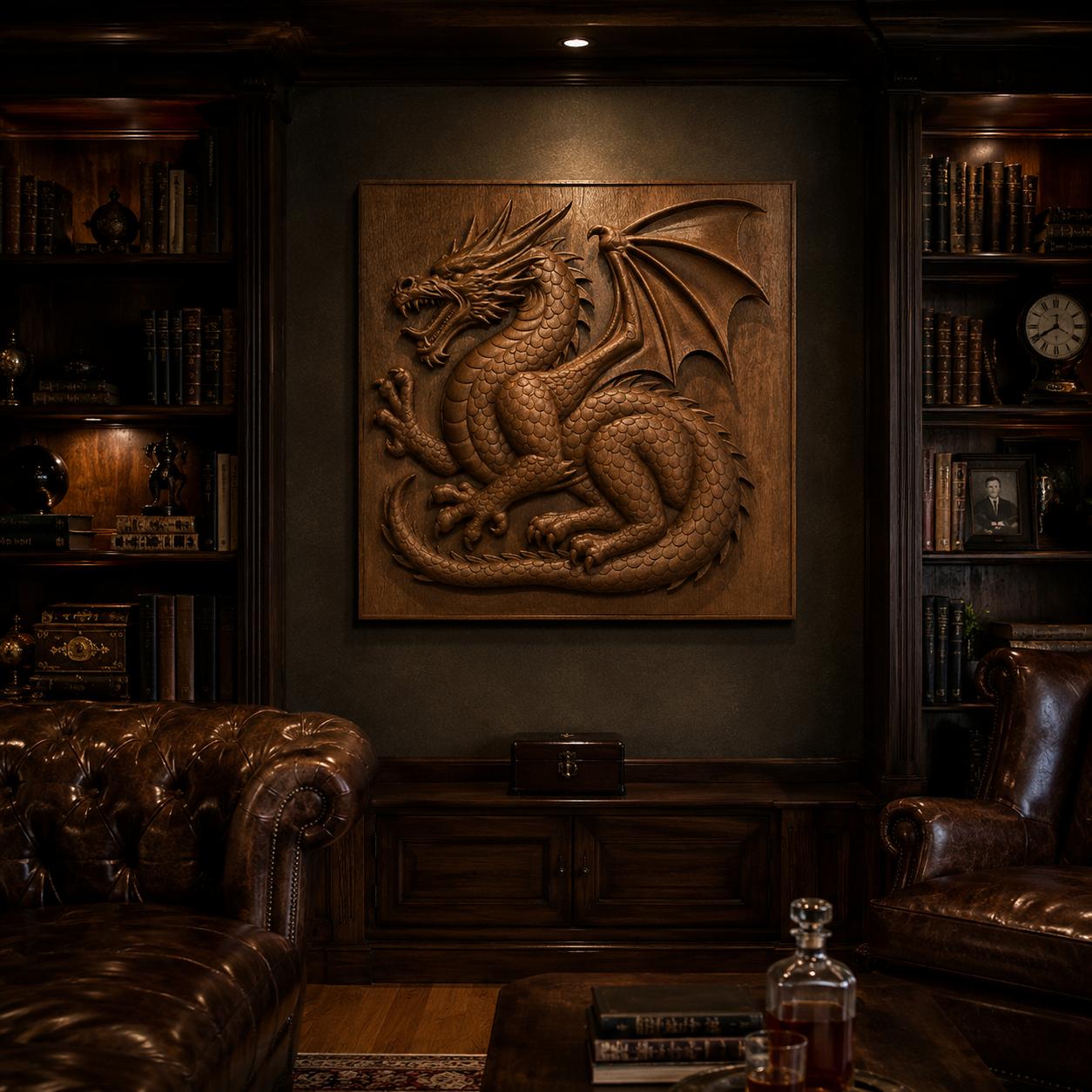 A stunning "Winged Dragon CNC Relief STL File | Fantasy CNC Wall Art" by Form Arcade is showcased on a dark wall in a cozy, classic library featuring leather sofas, bookshelves, and a glass decanter on the table—creating an inspiring centerpiece for woodworking enthusiasts.