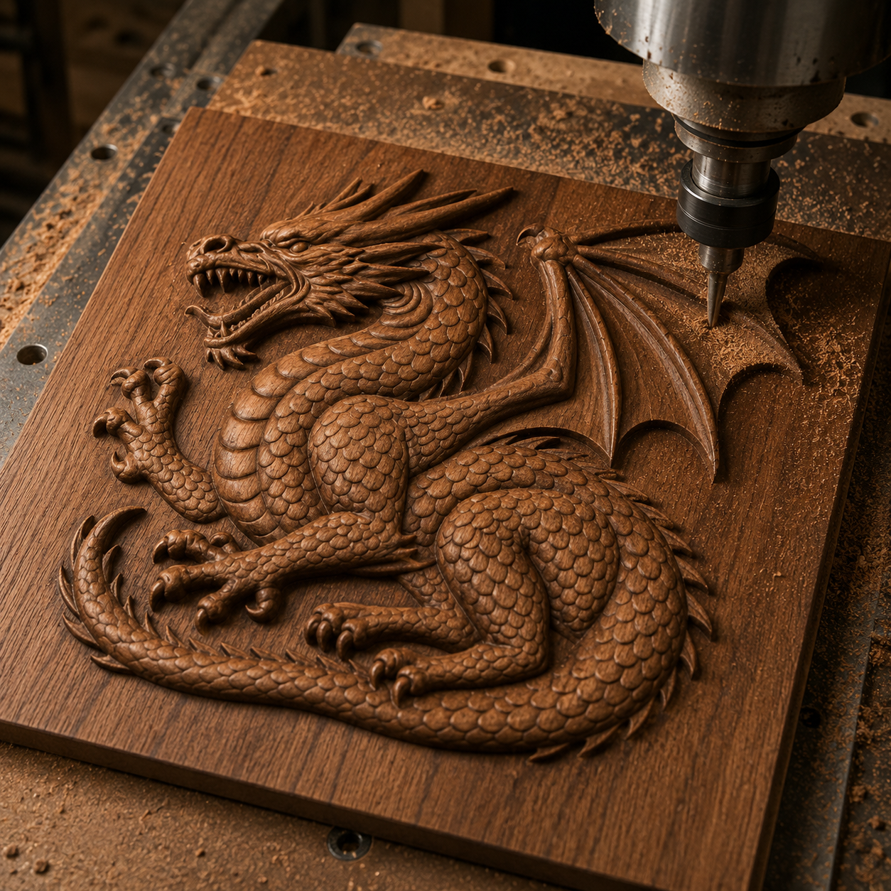 A CNC machine precisely carves the Winged Dragon CNC Relief from Form Arcade into a square wooden panel, highlighting the dragon’s intricate scales, powerful wings, and fierce expression amid wood shavings—a stunning addition to any woodworking project or inspiration for those seeking fantasy CNC wall art.