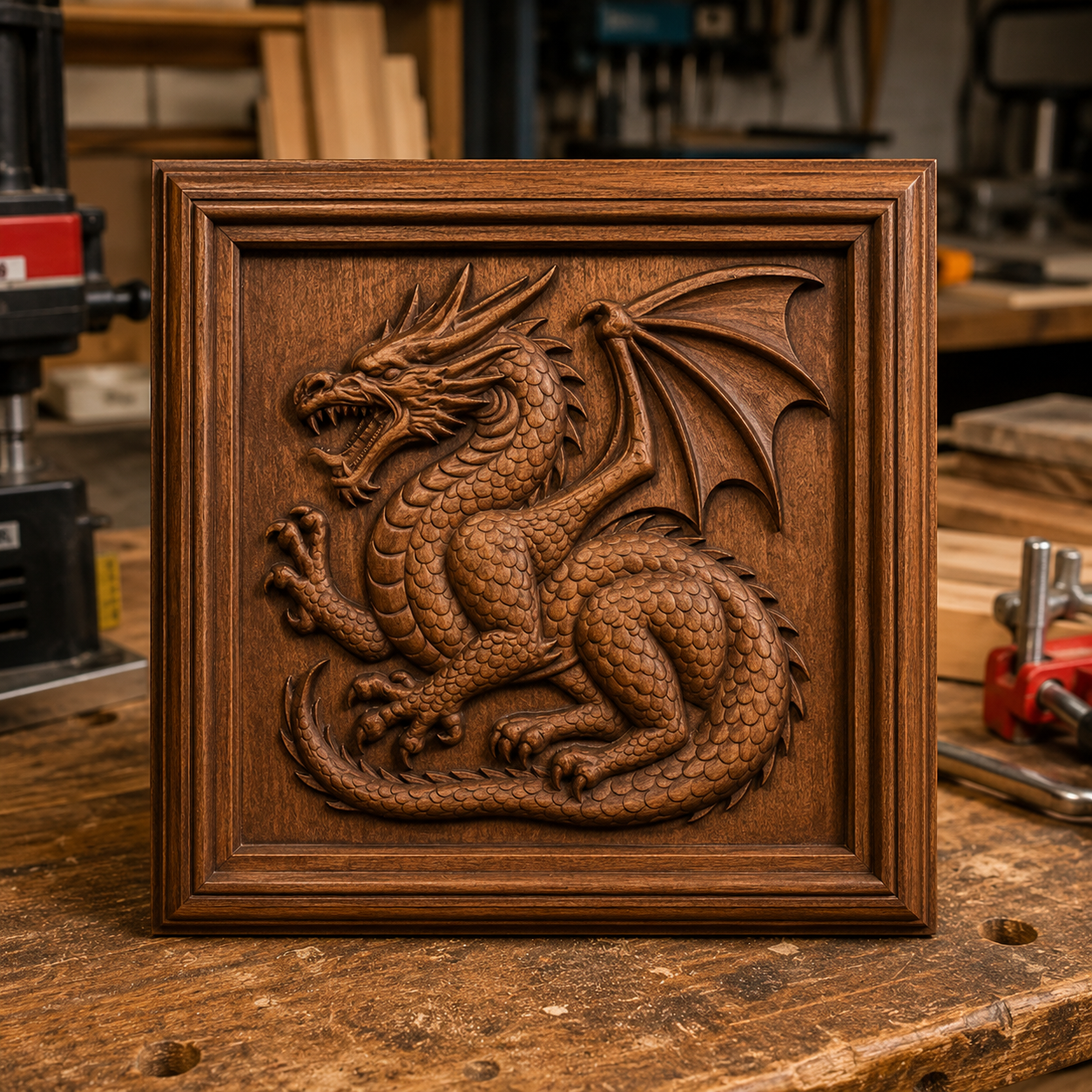 A detailed wooden carving of a winged dragon in a square frame sits on a workbench in a woodworking shop, surrounded by tools and wood pieces—a striking example of what you can craft using the Winged Dragon CNC Relief STL File | Fantasy CNC Wall Art by Form Arcade.