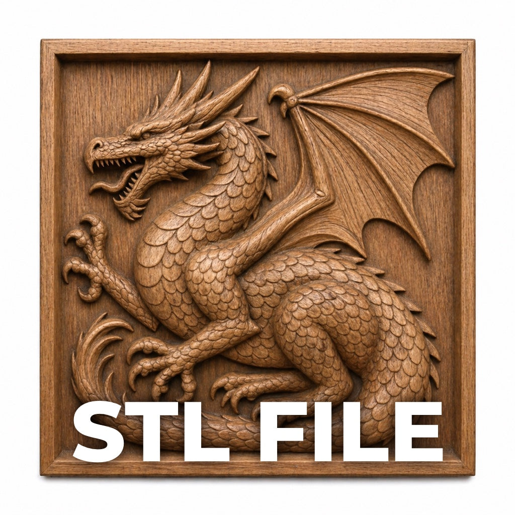 A detailed wooden carving of a winged dragon appears in a square frame, featuring raised scales, claws, and wings. "Winged Dragon CNC Relief STL File | Fantasy CNC Wall Art by Form Arcade" is written in bold white at the bottom.