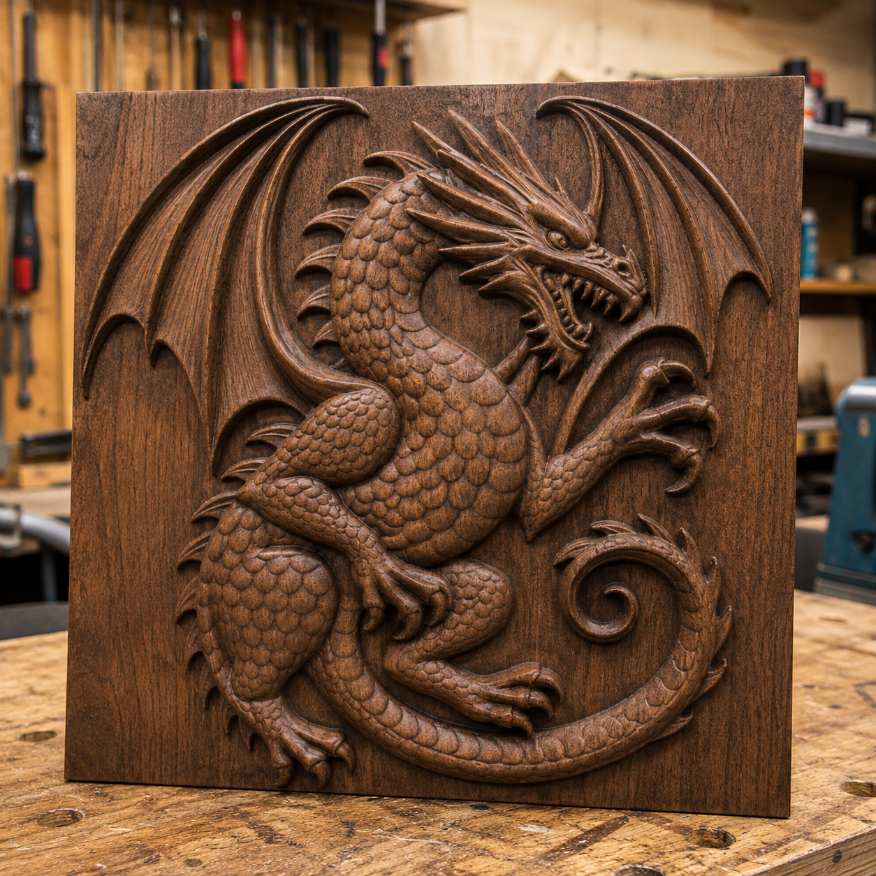 A striking wooden carving of a winged dragon, featuring intricate scales and fierce details, stands upright in a workshop filled with tools and workbenches. Crafted from the "Winged Dragon Panel CNC Relief STL File | Dragon CNC Wall Art" design by Form Arcade, this captivating piece is ideal for woodworking projects.